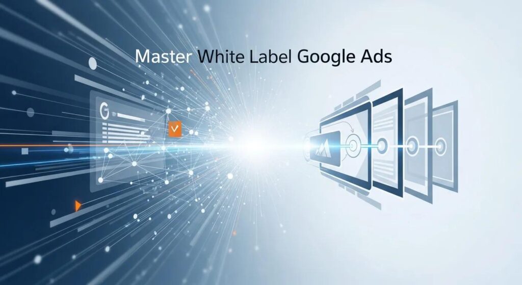 Master White Label Google Ads graphic with dynamic lines and icons representing digital marketing and PPC services.