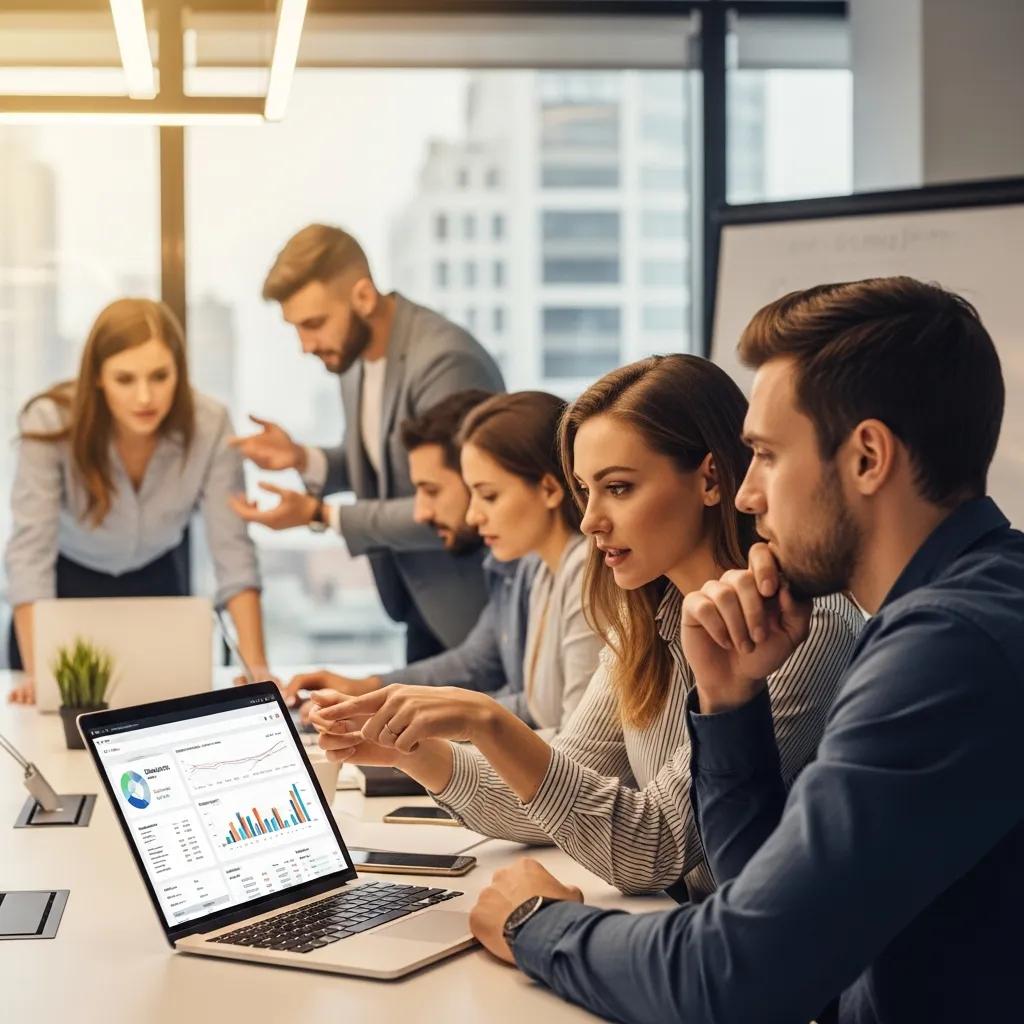 Team of marketing professionals collaborating on SEO strategies in a modern office, analyzing data on a laptop screen, discussing local SEO partnership options.
