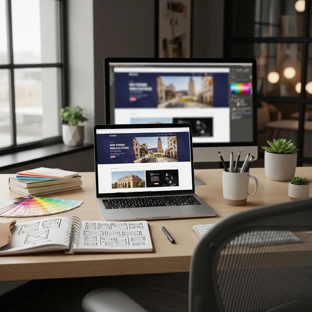 Modern workspace with a laptop showcasing a website design, emphasizing white label web design services