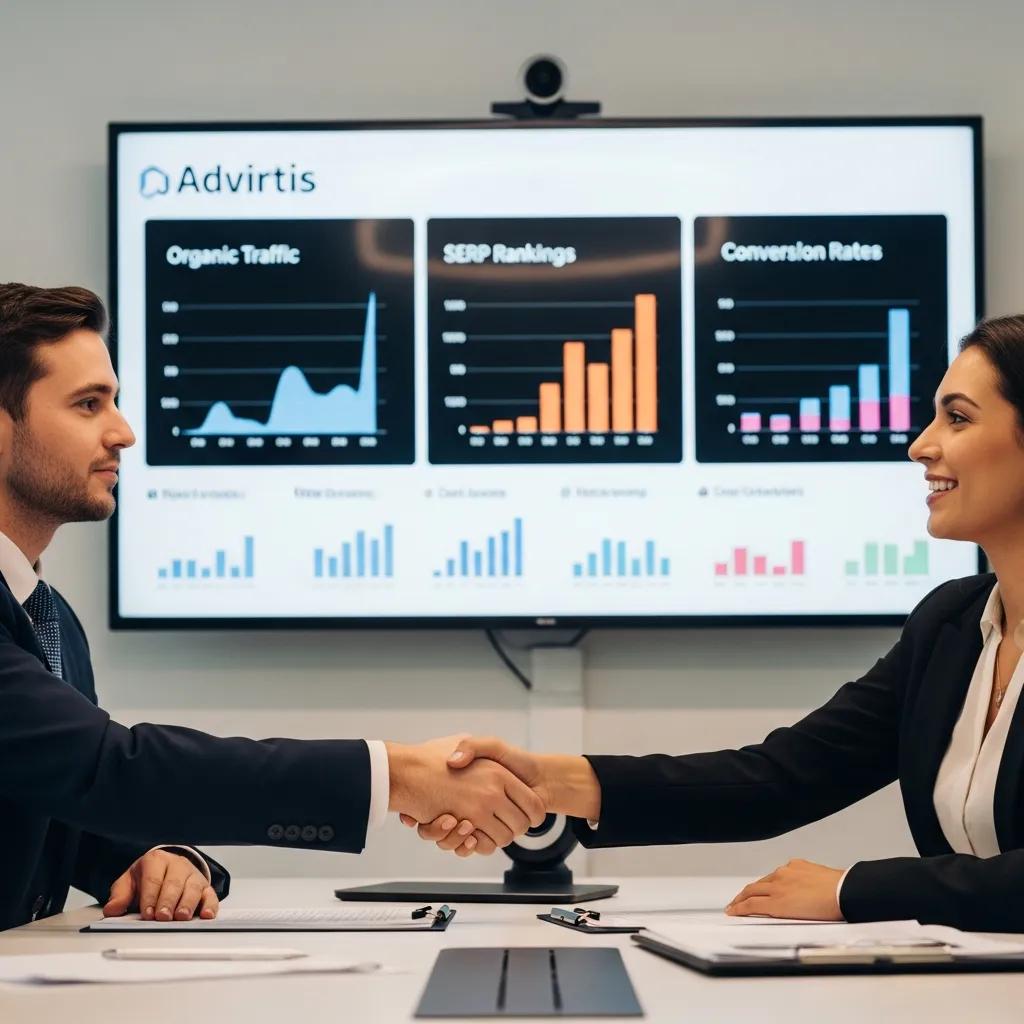 Business professionals shaking hands in front of Advirtis presentation displaying organic traffic, SERP rankings, and conversion rates, symbolizing successful partnership in white label local SEO services.