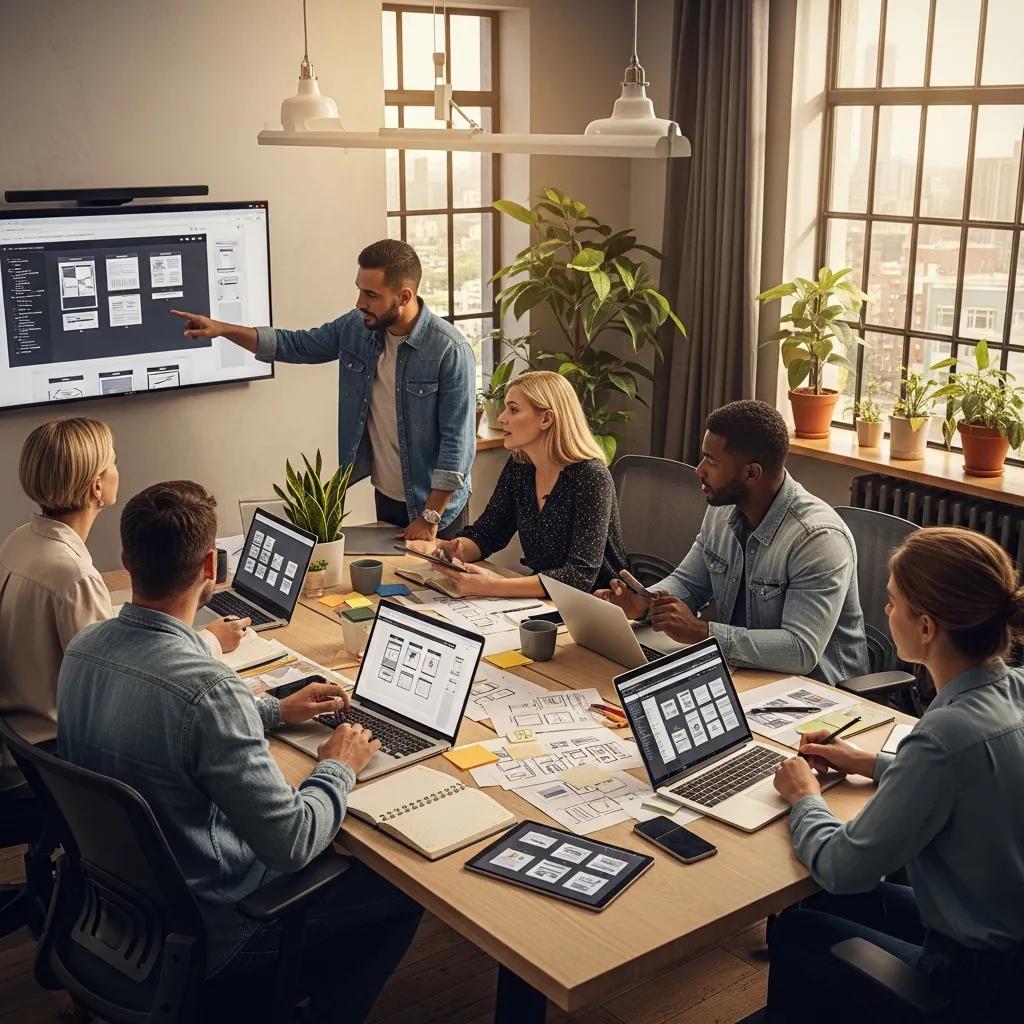 Team collaborating on white label web design in a modern office setting