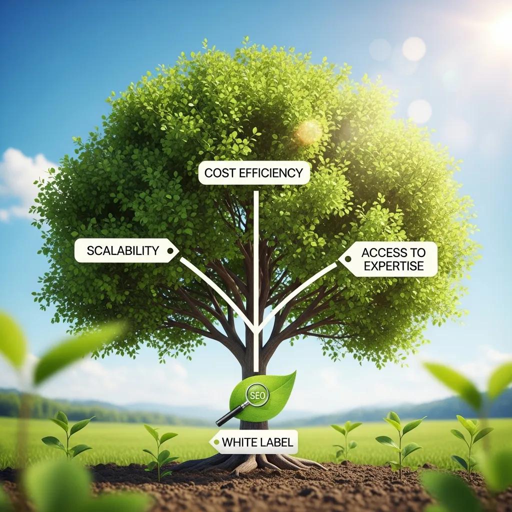 Growing tree visual metaphor illustrating benefits of white label local SEO, featuring branches labeled "Scalability," "Cost Efficiency," and "Access to Expertise," with a focus on "SEO" and "White Label" at the base.