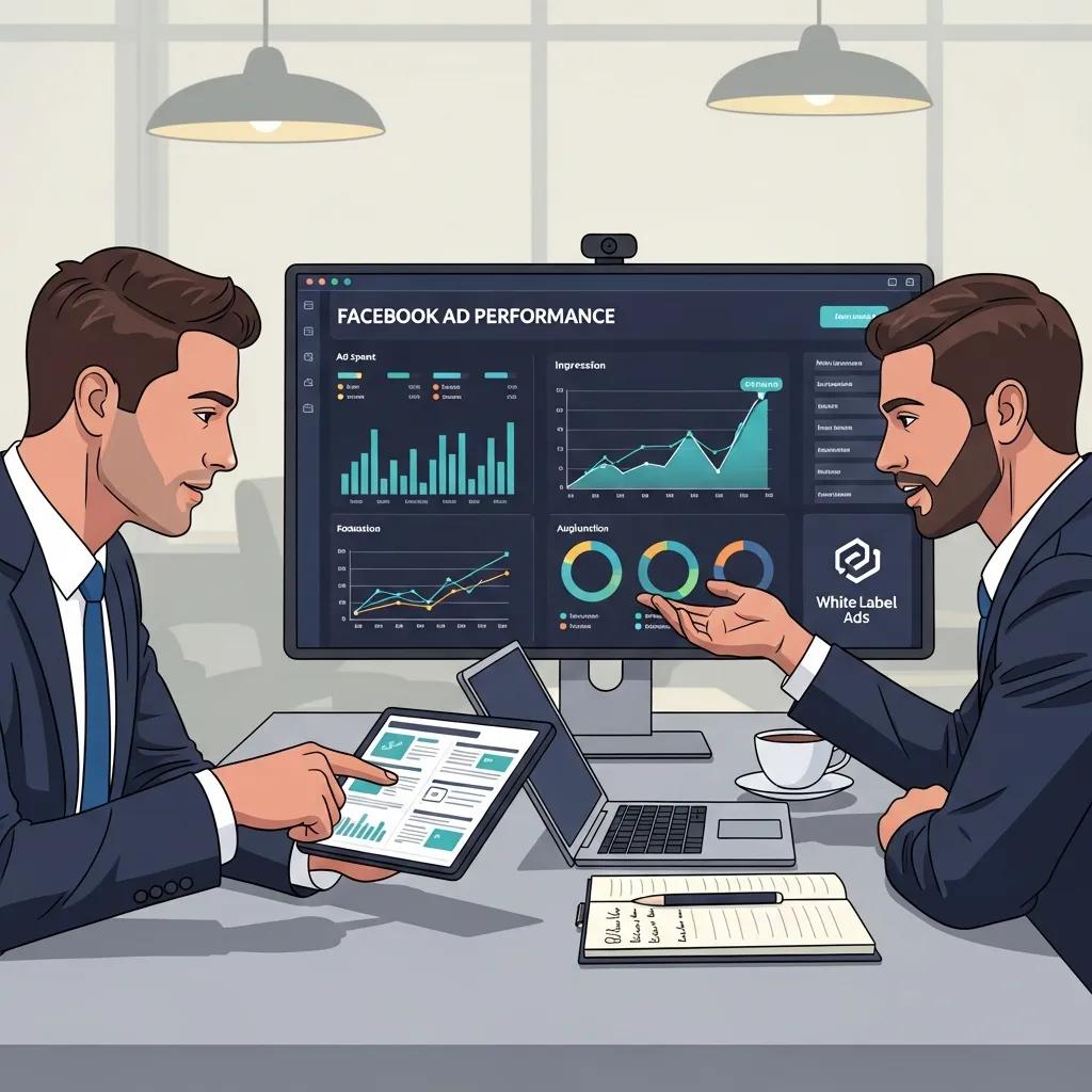 Agency leader reviewing Facebook ad performance report with a white‑label partner